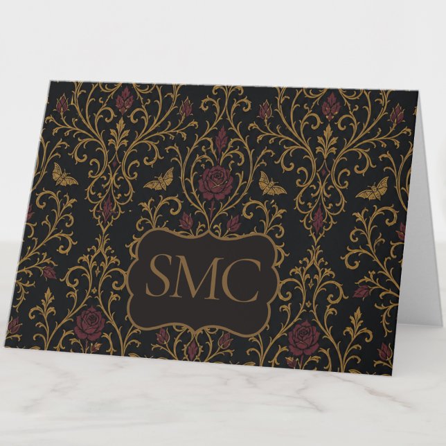 Dark Academia Gothic Damask Note Card (Gothic damask greeting card for dark academia fans and alternative correspondence.)