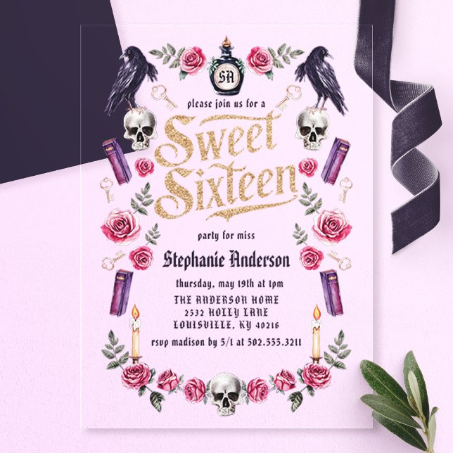 Dark Academia Gothic Gold Floral Sweet 16 Acrylic Invitations (Creator Uploaded)
