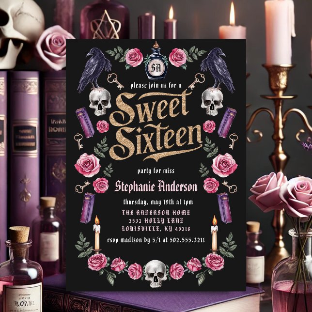 Dark Academia Gothic Gold Floral Sweet 16 Invitation (Creator Uploaded)