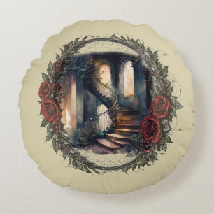 Dark Academia Gothic Haunted Stairway Wreath  Round Pillow