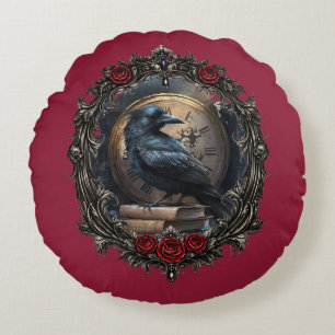 Dark Academia Gothic Raven Clock Library Wreath  Round Pillow