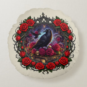 Dark Academia Gothic Raven Rose Wreath  Round Pillow