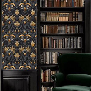 Dark Academia Grey and Gold Moody Decorative Wallpaper