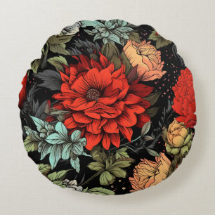 Dark Academia Maximalist Red Dahlia Floral Round Pillow