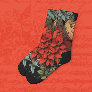 Dark Academia Maximalist Red Dahlia Floral Socks