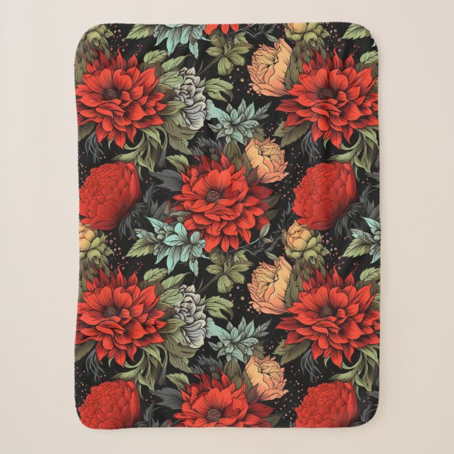 Dark Academia Maximalist Red Dahlia Sherpa Blanket (Front)