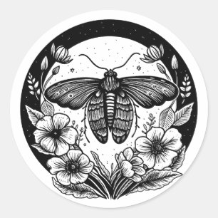 Dark academia moth and flowers classic round sticker