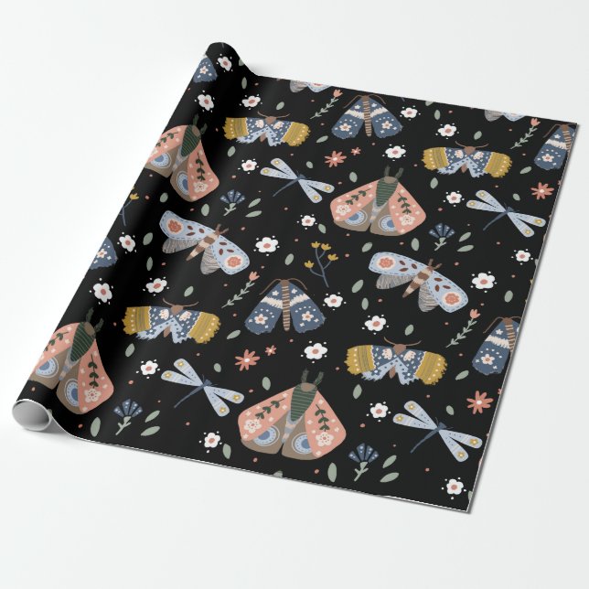Dark Academia Moth Floral in Black Wrapping Paper (Unrolled)