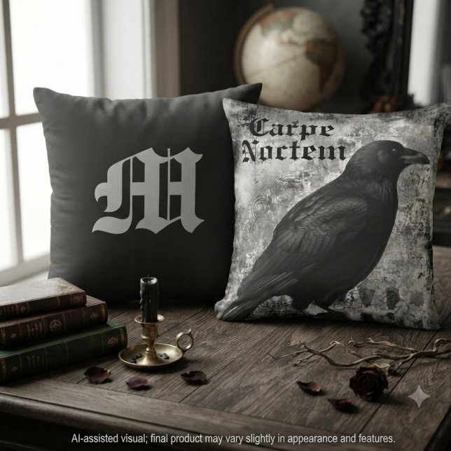 Dark Academia Onyx Gothic Raven Throw Pillow (Gothic raven throw pillow for dark academia fans and moody home decor styling.)