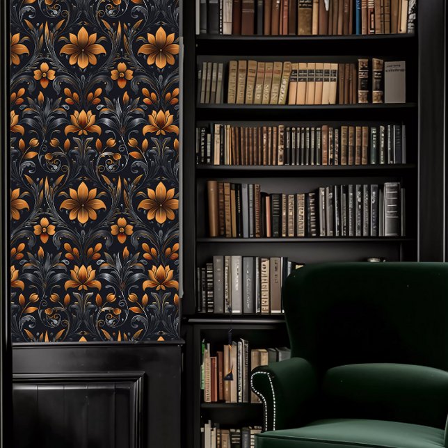 Dark Academia Orange and Grey Decorative Fleur Wallpaper (Dark Academia Orange and Gray Decorative Fleur Wallpaper in a library.)