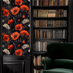Dark Academia Orange Poppies on Dark Background Wallpaper