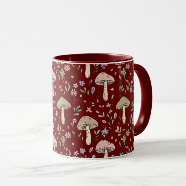 Dark Academia Plum Red Fungi Seamless Luxury Mug (Front Right)
