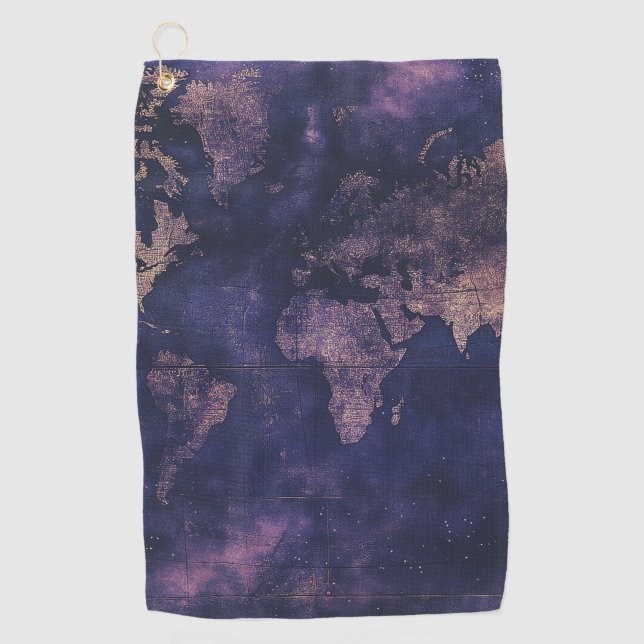 Dark Academia Purple Celestial World Map Golf Towel (Front)