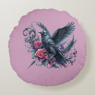 Dark Academia Raven and Red Roses Gothic Floral  Round Pillow