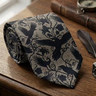 Dark Academia Raven Floral Bird Lover Gift Tie