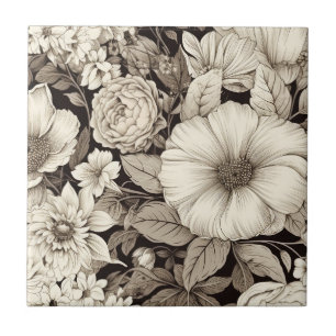Dark Academia Sepia Floral Botanical Tile