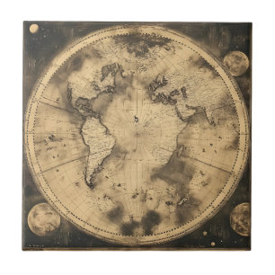 Dark Academia Sepia Globe Moon Engraving Tile