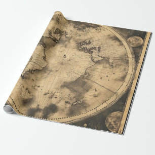 Dark Academia Sepia Globe Moon Engraving Wrapping Paper