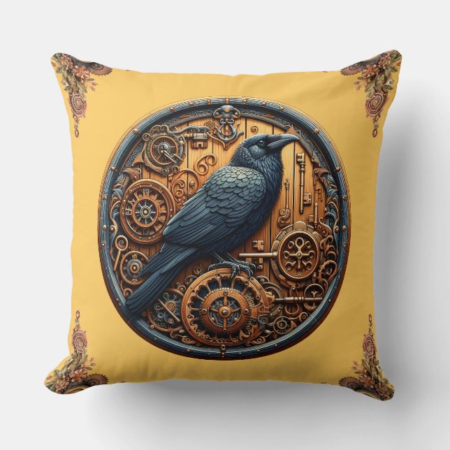 Dark Academia Steampunk Raven Clockwork Circle Throw Pillow (Front)
