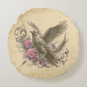 Dark Academia Vintage Raven Roses Gothic Floral  Round Pillow