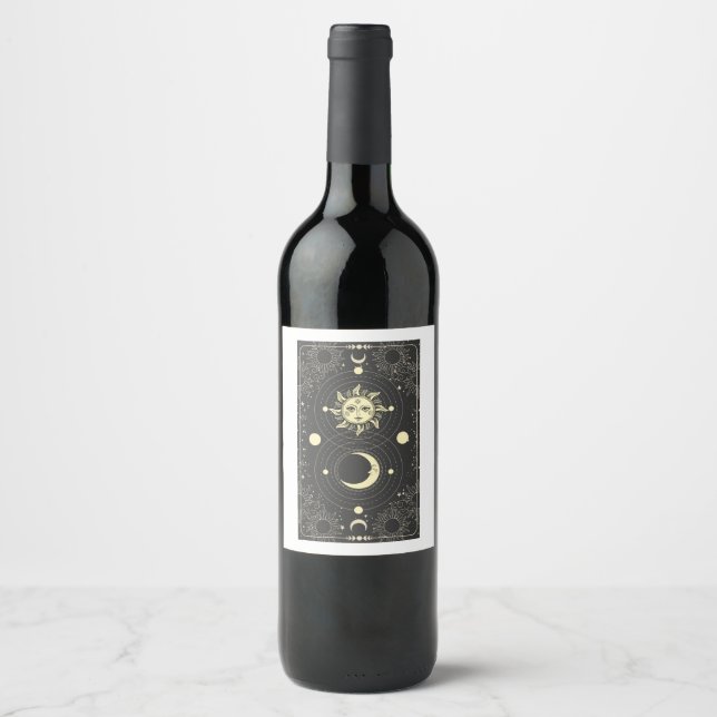 Dark Aesthetic Tarot Sun Moon Clouds Wine Label (Front)