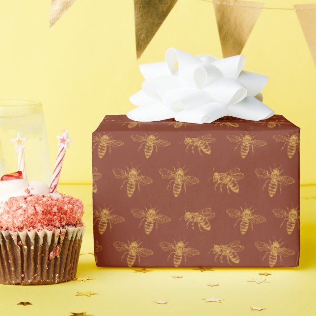 Dark Amber Gold Honey Bees Illustrated  Wrapping Paper (Birthday Party)