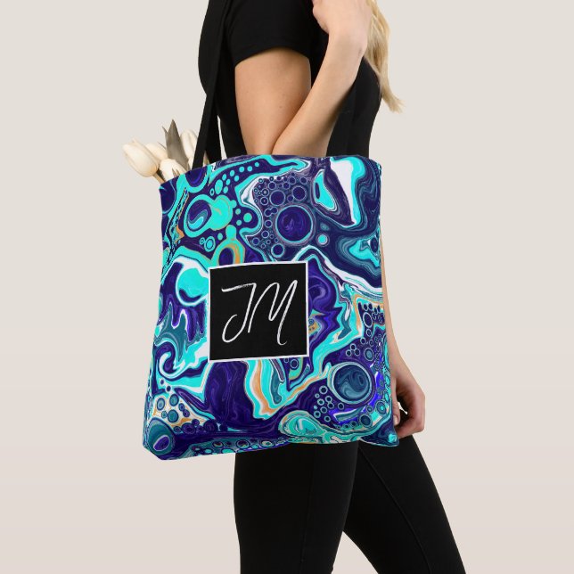 Dark and Aqua Blue Marble Fluid Art Personalized   Tote Bag (Close Up)