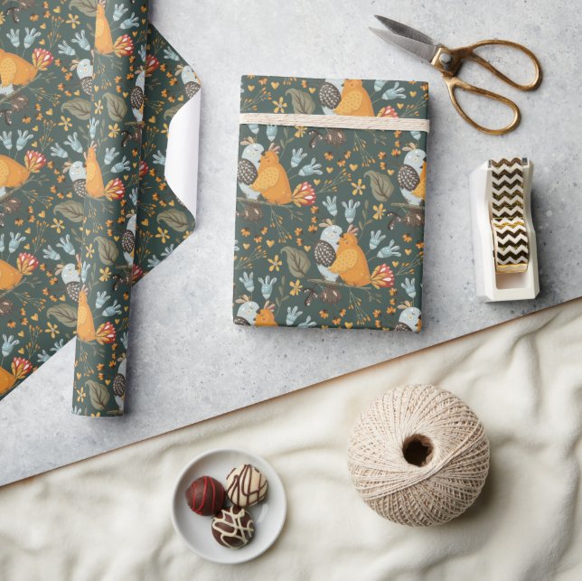 Dark and Cozy Bird Embrace Floral Botanical Wrapping Paper (Crafts)
