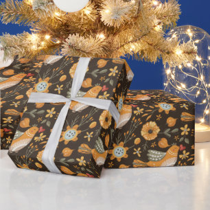 Dark and Cozy Cute Bird Floral Botanical Wrapping Paper