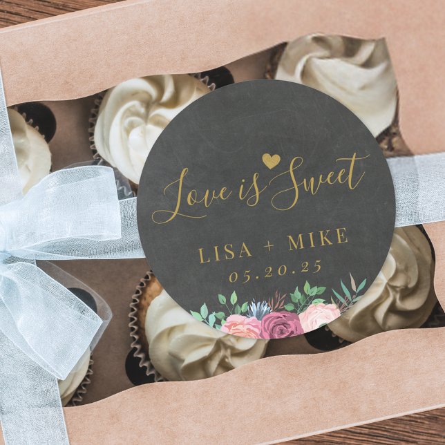 Dark and Gold Floral Love is Sweet Wedding Favour Classic Round Sticker (Creator Uploaded)