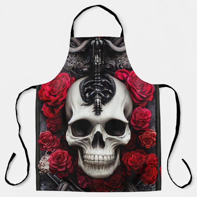 Dark and Gothic Skull and Roses Apron (Front)