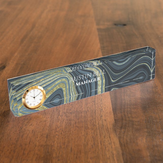 Dark and Light Blue and Gold Marble Personalized  Nameplate (Side)