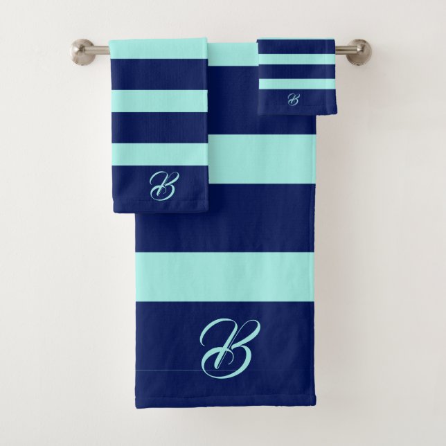 Dark and Light Gree  Stripes Monogram  Bath Towel  (Insitu)
