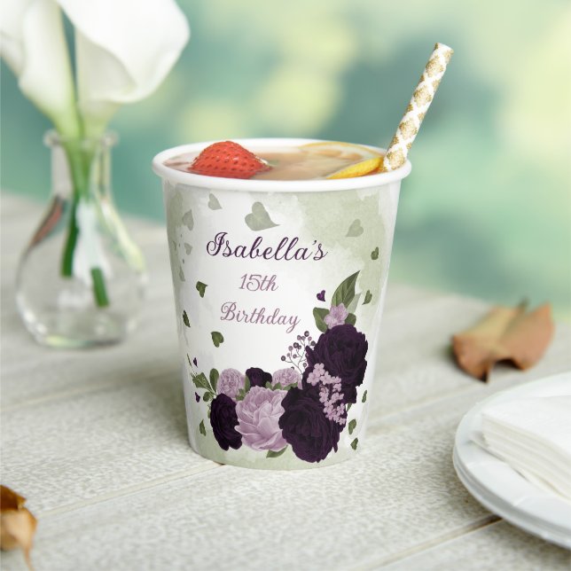 dark and light purple flowers greenery paper cups (Insitu)