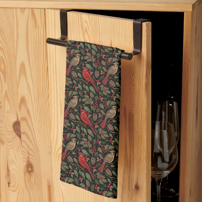 Dark and Moody Christmas Cardinals Kitchen Towel (Thirds Fold)
