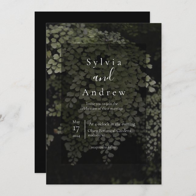 Dark and Moody Ferns Modern Wedding Invite (Front/Back)
