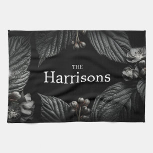 Dark and Moody Floral Frame with Custom Name Kitchen Towel