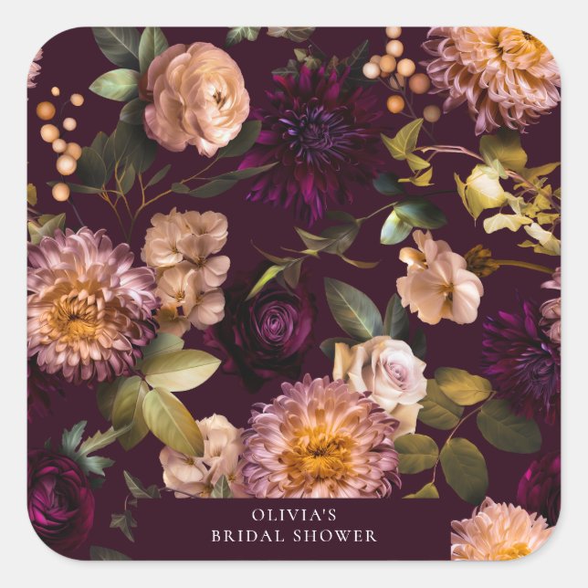 Dark and Moody Romantic Burgundy Bridal Shower  Square Sticker (Front)