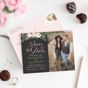 Dark and Moody Rose Pink Floral Boho Wedding Announcement Postcard
