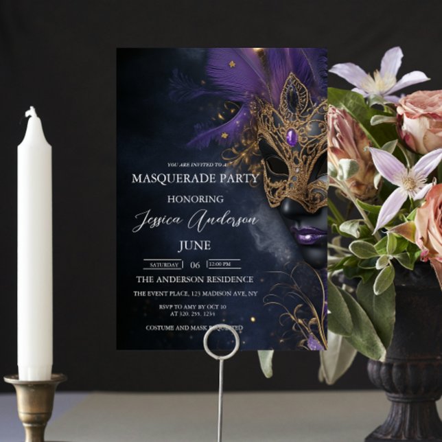 Dark and Purple Masquerade Party Birthday Invitation (Creator Uploaded)