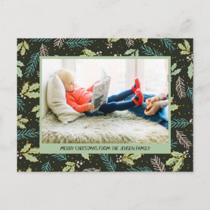 Dark and Sage Green Leaves Merry Christmas 2 Photo Holiday Postcard
