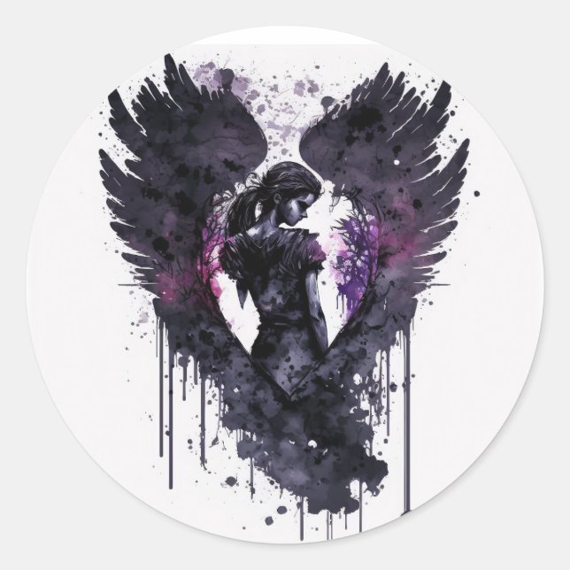 Dark Angel Valentine With Inky Dark Wings Classic Round Sticker (Front)