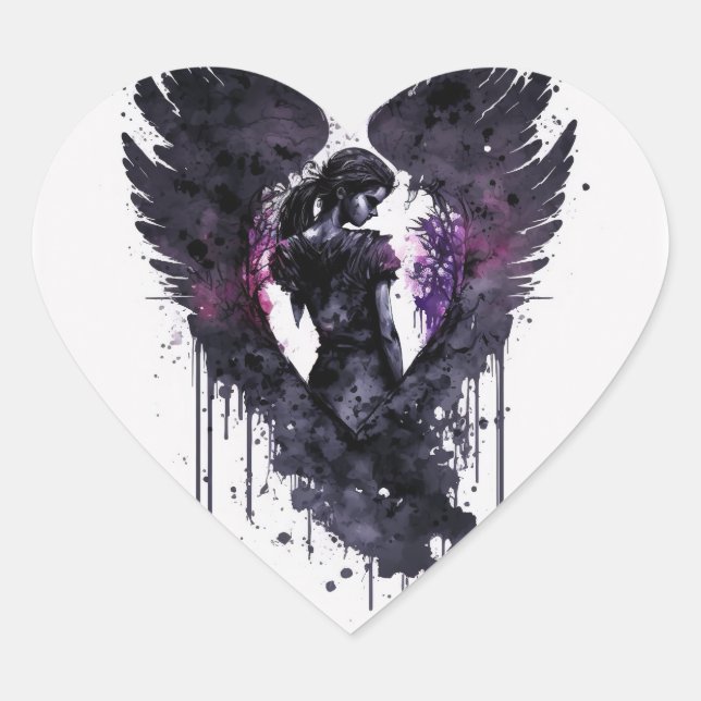 Dark Angel Valentine With Inky Dark Wings Heart Sticker (Front)