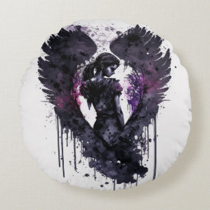 Dark Angel Valentine With Inky Dark Wings Throw Pi Round Pillow