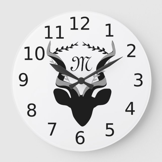 Dark Antelope Silhouette Monogram Large Clock (Front)