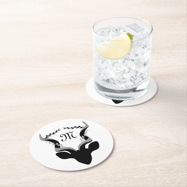 Dark Antelope Silhouette w Customized Monogram Round Paper Coaster (Insitu)