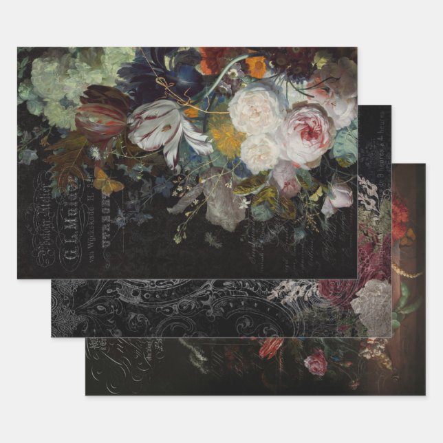 Dark Antique Floral Still Life Decoupage Wrapping Paper Sheet (Set)