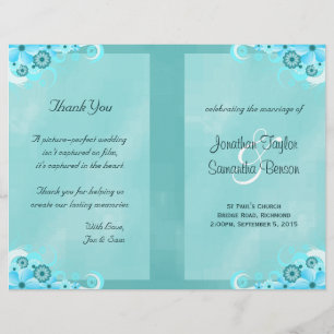 Dark Aqua Blue Floral Teal Bi-Fold Wedding Program