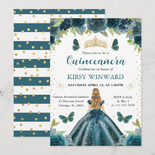 Dark Aqua Dress Blonde Princess Quinceanera Invitation