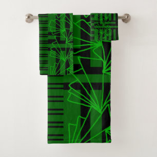 Dark Aqua Sea green doodle flower striped Bath Towel Set